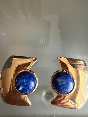 Vintage Gold Tone Pierced Earrings with Swirled Blue Cabochons